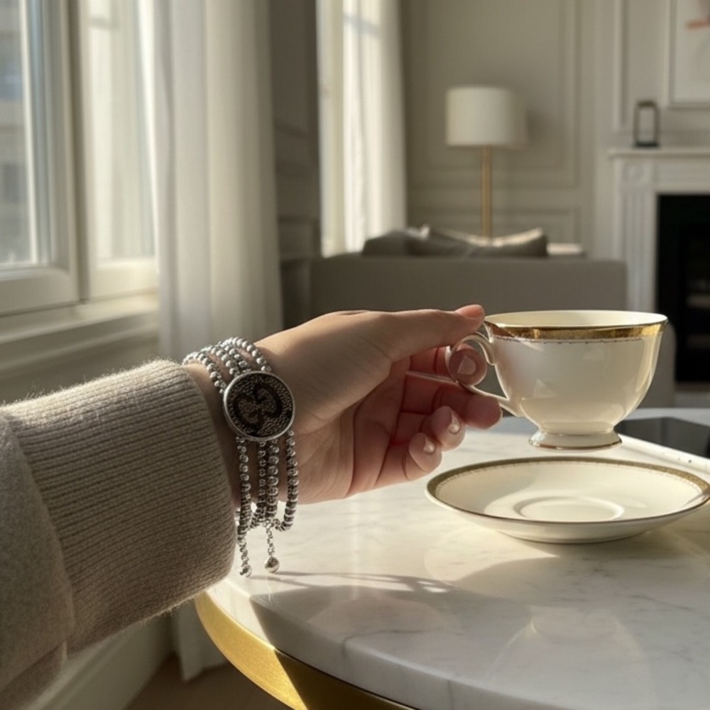 Gucci Silver Bead Bracelet with Brown Monogram Medallion - Picture 6 of 6
